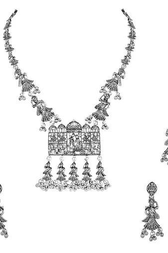 Navratri Ethnic Silver Oxidised Inspired by Garba With Peacock and Elephant Design Jewellery Set 
