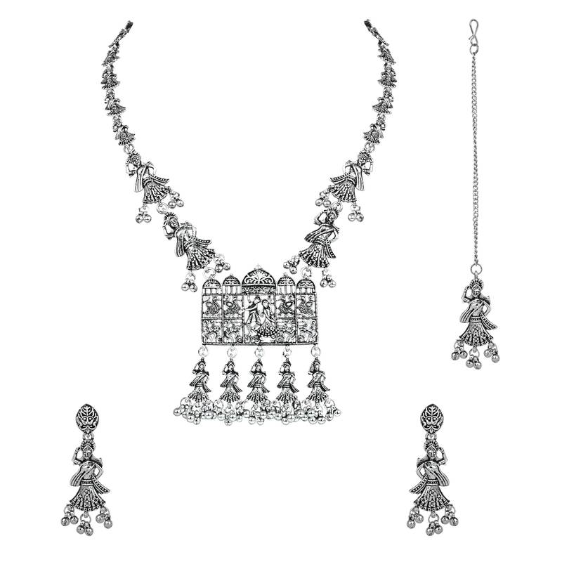 Navratri Ethnic Silver Oxidised Inspired by Garba With Peacock and Elephant Design Jewellery Set 