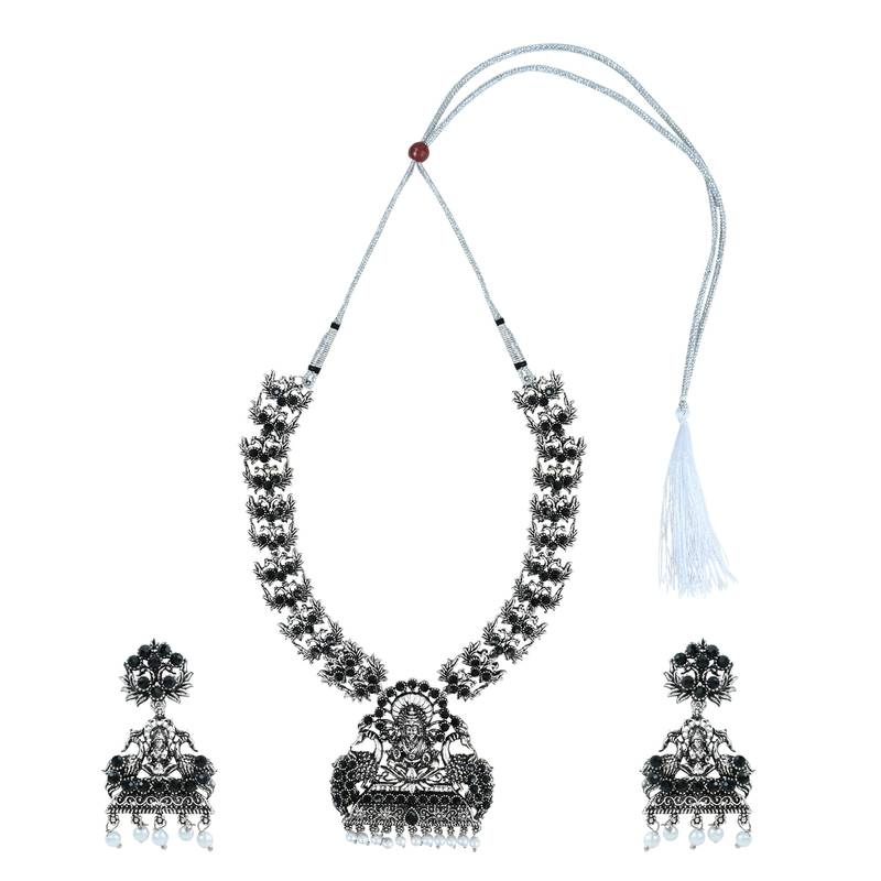 Navratri Ethnic Silver Plated Traditional Black Stone Temple Jewellery Long Necklace With Earrings