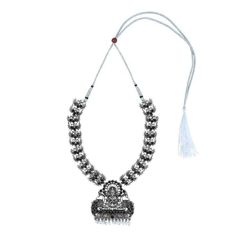 Navratri Ethnic Silver Plated Traditional Black Stone Temple Jewellery Long Necklace With Earrings