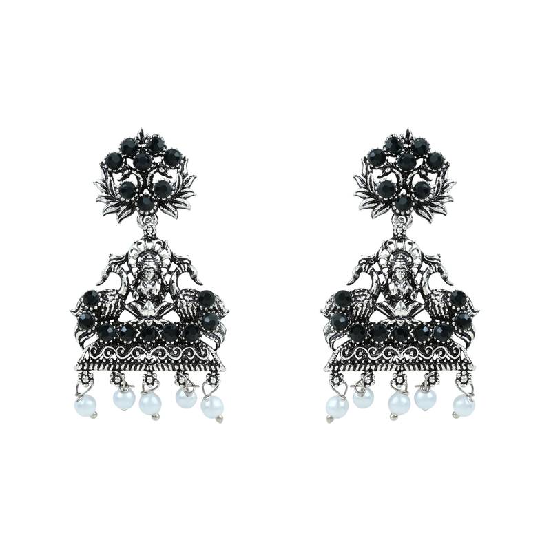 Navratri Ethnic Silver Plated Traditional Black Stone Temple Jewellery Long Necklace With Earrings