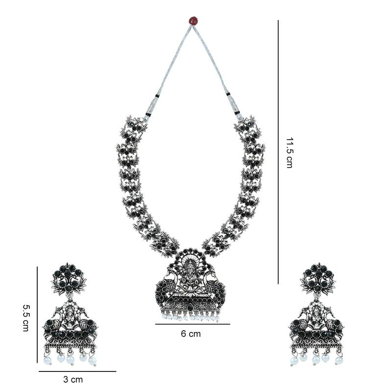 Navratri Ethnic Silver Plated Traditional Black Stone Temple Jewellery Long Necklace With Earrings