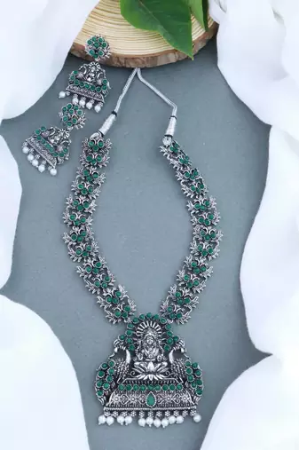 I Jewels Navratri Ethnic Silver Plated Traditional Green Stone Temple Jewellery Long Necklace With Earrings
