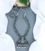 I Jewels Navratri Ethnic Silver Plated Traditional Green Stone Temple Jewellery Long Necklace With Earrings