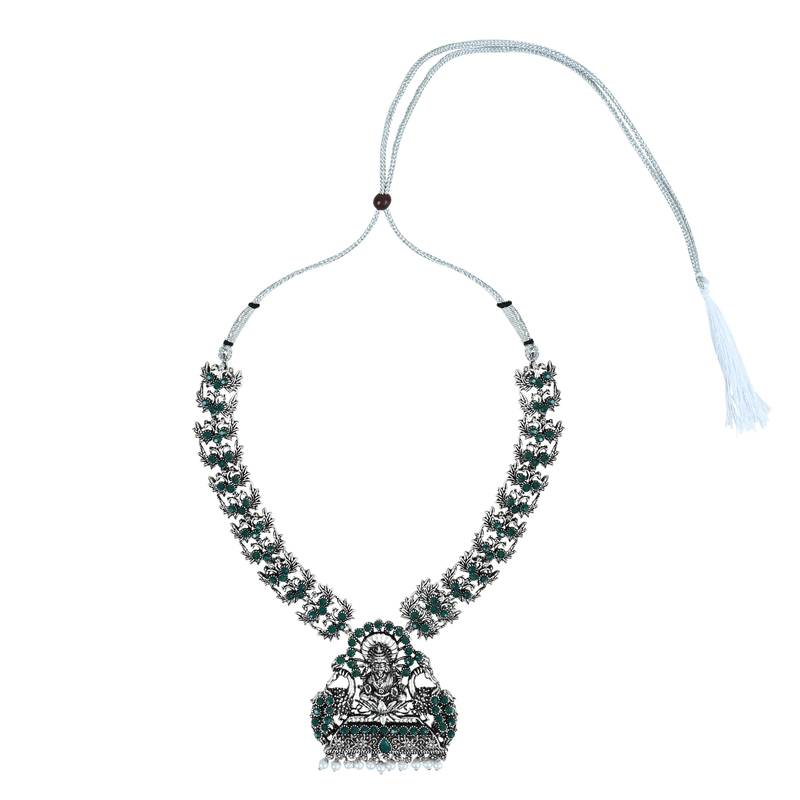 I Jewels Navratri Ethnic Silver Plated Traditional Green Stone Temple Jewellery Long Necklace With Earrings