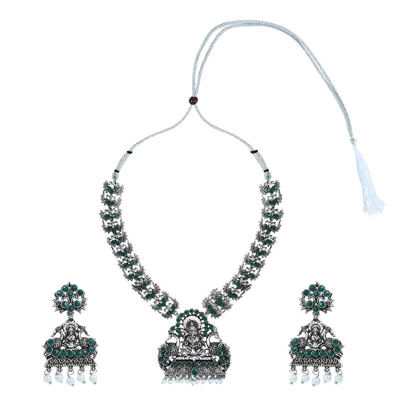 I Jewels Navratri Ethnic Silver Plated Traditional Green Stone Temple Jewellery Long Necklace With Earrings