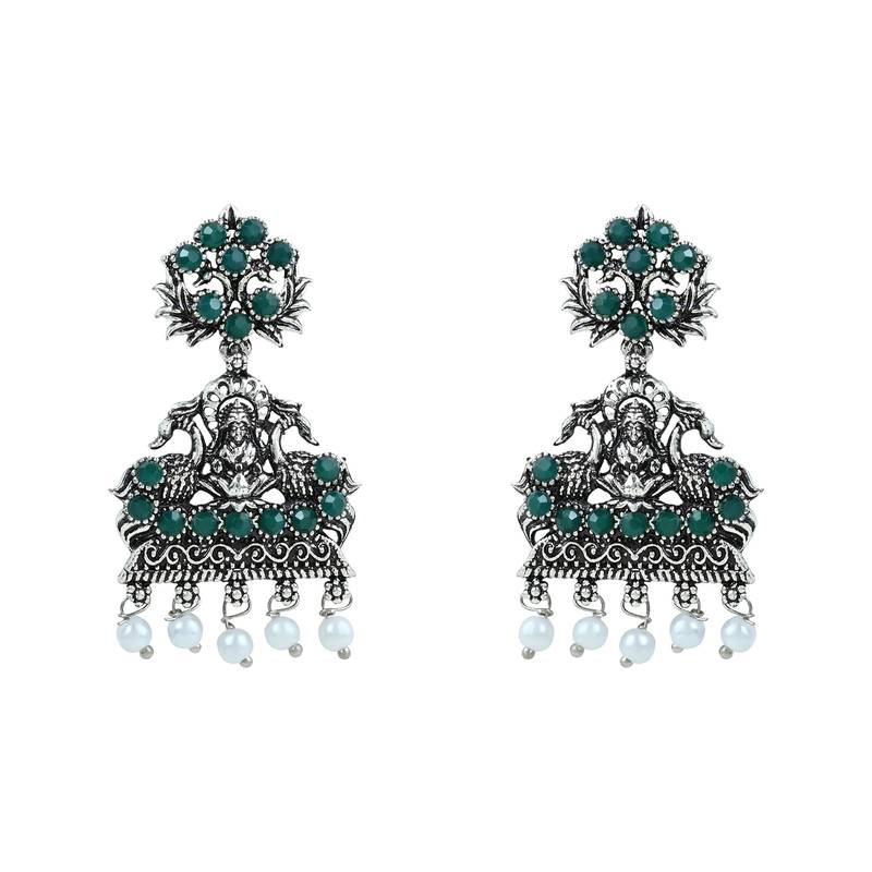 I Jewels Navratri Ethnic Silver Plated Traditional Green Stone Temple Jewellery Long Necklace With Earrings