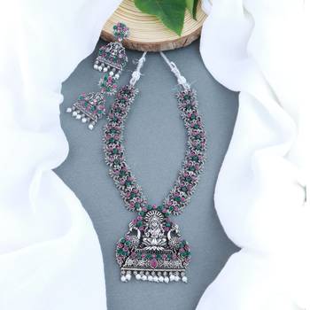 Navratri Ethnic Silver Plated Traditional Multi Stone Temple Jewellery Long Necklace With Earrings 1