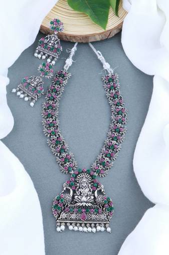 Navratri Ethnic Silver Plated Traditional Multi Stone Temple Jewellery Long Necklace With Earrings