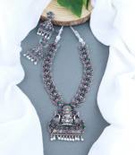 Navratri Ethnic Silver Plated Traditional Multi Stone Temple Jewellery Long Necklace With Earrings