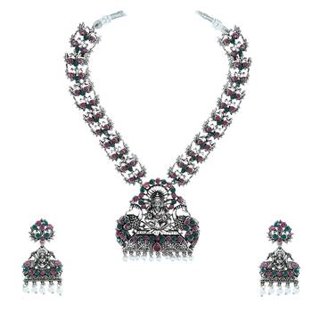 Navratri Ethnic Silver Plated Traditional Multi Stone Temple Jewellery Long Necklace With Earrings 2