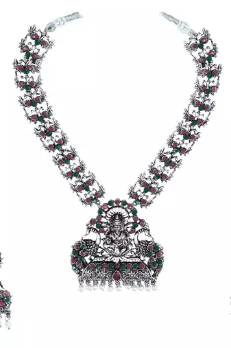 Navratri Ethnic Silver Plated Traditional Multi Stone Temple Jewellery Long Necklace With Earrings