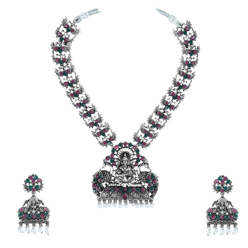 Navratri Ethnic Silver Plated Traditional Multi Stone Temple Jewellery Long Necklace With Earrings