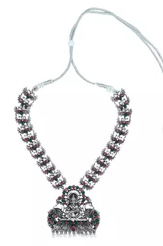 Navratri Ethnic Silver Plated Traditional Multi Stone Temple Jewellery Long Necklace With Earrings