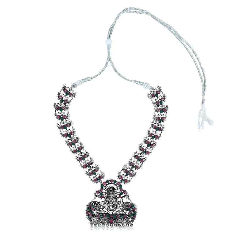 Navratri Ethnic Silver Plated Traditional Multi Stone Temple Jewellery Long Necklace With Earrings