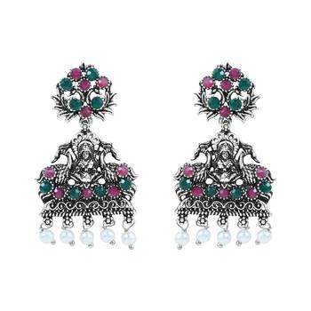 Navratri Ethnic Silver Plated Traditional Multi Stone Temple Jewellery Long Necklace With Earrings 4