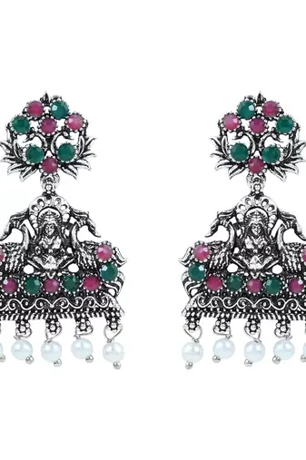 Navratri Ethnic Silver Plated Traditional Multi Stone Temple Jewellery Long Necklace With Earrings