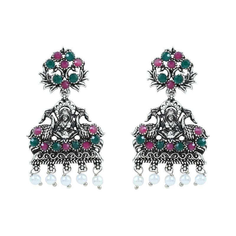 Navratri Ethnic Silver Plated Traditional Multi Stone Temple Jewellery Long Necklace With Earrings