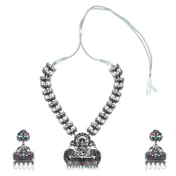 Navratri Ethnic Silver Plated Traditional Multi Stone Temple Jewellery Long Necklace With Earrings 5