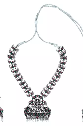 Navratri Ethnic Silver Plated Traditional Multi Stone Temple Jewellery Long Necklace With Earrings