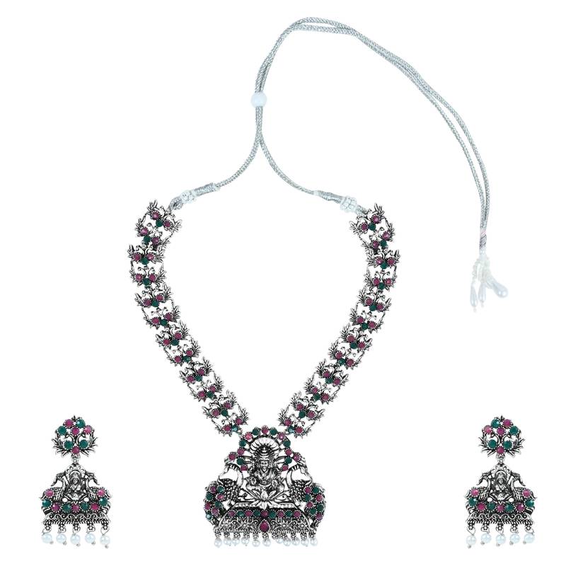 Navratri Ethnic Silver Plated Traditional Multi Stone Temple Jewellery Long Necklace With Earrings