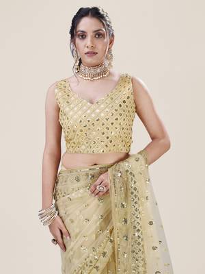 Yellow Net Saree With Silver Sequin Embroidery and Blouse 8