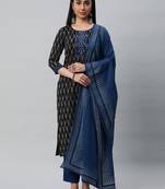 Unstitched cotton suit set with an ikat top and contrast-colored dupatta.