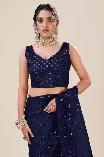 Navy Blue Premium Heavy Net Sequins_Work Party Wear Saree