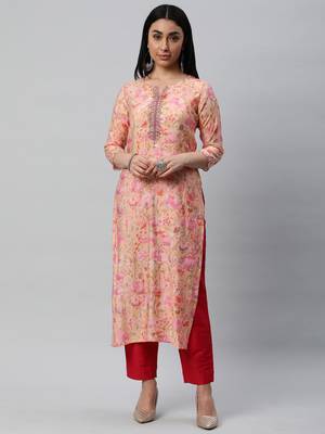 Embroidered straight cut kurta on printed silk blend fabric. 1