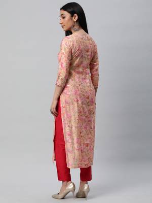 Embroidered straight cut kurta on printed silk blend fabric. 2