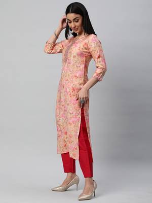 Embroidered straight cut kurta on printed silk blend fabric. 3