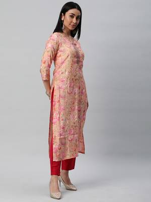 Embroidered straight cut kurta on printed silk blend fabric. 4