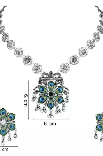 Navratri Ethnic Silver Oxidised Peacock Feather Ghungroo Long Necklace Jewellery Set For Women/Girls 