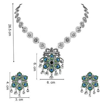 Navratri Ethnic Silver Oxidised Peacock Feather Ghungroo Long Necklace Jewellery Set For Women/Girls  6
