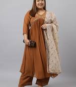 Xl love by janasya women's brown georgette yoke embroidery kurta with palazzo and dupatta