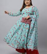 Xl love by janasya women's sea green georgette floral printed kurta with flared palazzo and dupatta