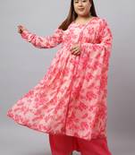 Xl love by janasya women's peach georgette floral printed kurta with flared palazzo and dupatta