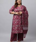Xl love by janasya women's wine cotton floral printed kurta with palazzo and dupatta
