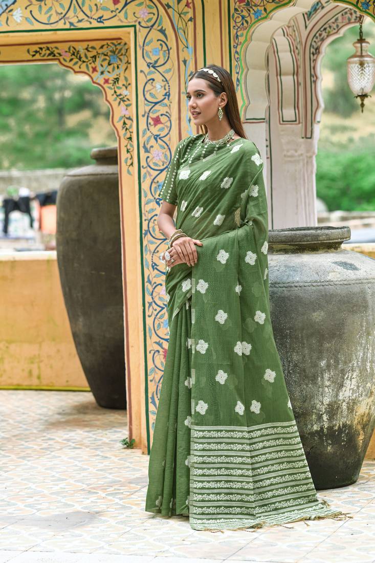 MEHNDI TRENDY ELEGANT LINEN SAREE Mr & Mrs Creation 4216539