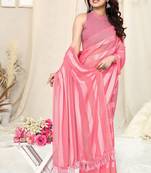 Coral Georgette Satin Soild Striped Zari Lines Border Tassels Saree With Unstitched Blouse Piece