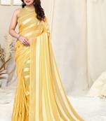 Yellow georgette satin soild striped zari lines border tassels saree with unstitched blouse piece