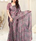 Light Wine Chiffon Floral Printed Saree With Unstitched Blouse Piece