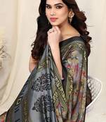 Grey chiffon botanical block print saree with unstitched blouse piece