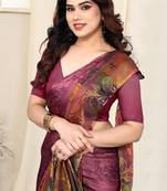 Dusty Pink Chiffon Floral Print Saree With Unstitched Blouse Piece