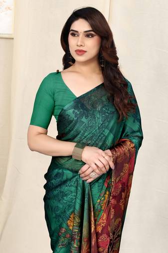 Teal Chiffon Floral Print Saree With Unstitched Blouse Piece