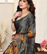 Grey Chiffon Floral Print Saree With Unstitched Blouse Piece