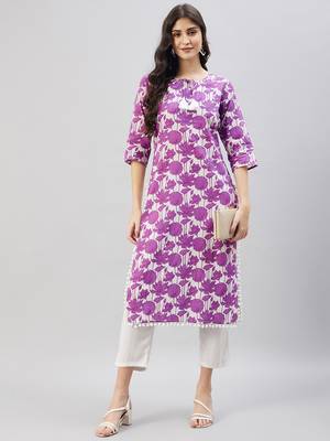 Winered women purple print pom-pom lace kurta 1