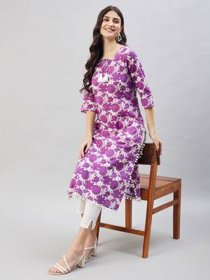 Winered women purple print pom-pom lace kurta 2