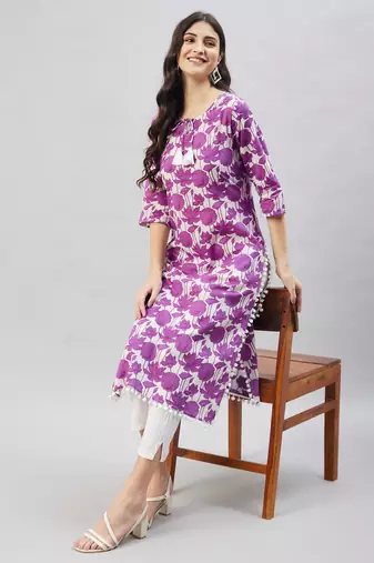 Winered women purple print pom-pom lace kurta