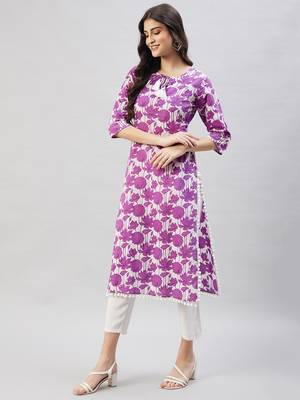 Winered women purple print pom-pom lace kurta 3